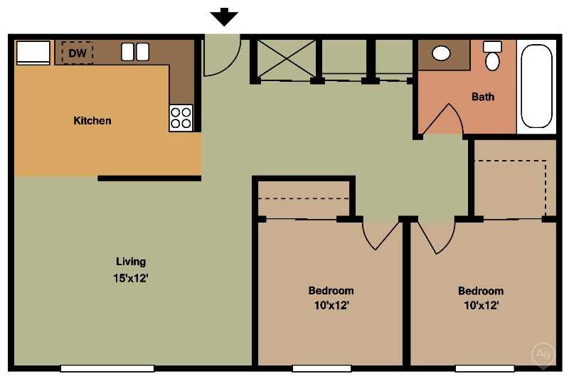 Floor plan for 2 beds, 1 bath, 800 sqft